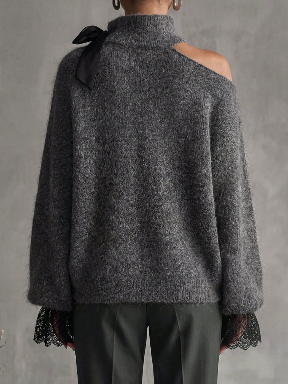 Grey Casual Women's High Neck Open Shoulder Sweater With Bowknot Lace details - Picture 2 of 6
